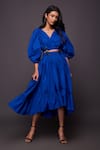 Buy_Deepika Arora_Blue 100% Cotton Plain V Neck Puff Sleeve Dress _Online_at_Aza_Fashions