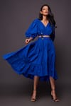 Shop_Deepika Arora_Blue 100% Cotton Plain V Neck Puff Sleeve Dress _Online_at_Aza_Fashions