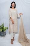 Ewaz_Beige Linen Embroidered Thread Work Round Kurta Set _Online_at_Aza_Fashions