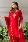 Shop_Ewaz_Red Raw Silk Hand Embroidered Dabka Work V Neck Floral Kurta Sharara Set _at_Aza_Fashions