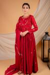Buy_Ikshita Choudhary_Red Muslin Embroidered Floral Motifs Round Anarkali Set With Jacket _at_Aza_Fashions