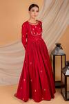 Buy_Ikshita Choudhary_Red Muslin Embroidered Floral Motifs Round Anarkali Set With Jacket _Online_at_Aza_Fashions