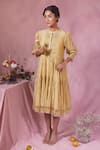 Buy_Chokhi Chorri_Yellow Malai Cotton Plain Band Collar Tiered Smocked Yoke Dress _at_Aza_Fashions