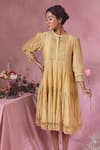 Chokhi Chorri_Yellow Malai Cotton Plain Band Collar Tiered Smocked Yoke Dress _Online_at_Aza_Fashions