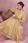 Buy_Chokhi Chorri_Yellow Malai Cotton Plain Band Collar Tiered Smocked Yoke Dress _Online_at_Aza_Fashions