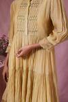 Shop_Chokhi Chorri_Yellow Malai Cotton Plain Band Collar Tiered Smocked Yoke Dress _Online_at_Aza_Fashions