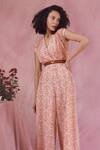 Shop_Chokhi Chorri_Pink Malai Cotton Floral Motifs V Neck Print Jumpsuit With Belt _at_Aza_Fashions