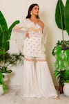 Label Kritika Kataria_White Silk Embroidery Zardozi Notched Kurta Sharara Set _Online_at_Aza_Fashions