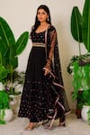 Shop_Label Kritika Kataria_Black Silk Embroidery Sequin And Beads Leaf Neck Anarkali Set  _at_Aza_Fashions