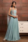 Buy_Richa Jaisinghani Label_Green Tulle, Georgette Bead Work, Floral Applique Draped Shoulder Anarkali Gown _at_Aza_Fashions