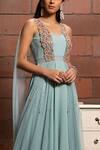 Shop_Richa Jaisinghani Label_Green Tulle, Georgette Bead Work, Floral Applique Draped Shoulder Anarkali Gown _at_Aza_Fashions