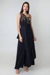 Buy_Richa Jaisinghani Label_Blue Georgette Cutdana Work Asymmetric One Shoulder Cape Palazzo Set _at_Aza_Fashions