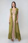 Buy_Richa Jaisinghani Label_Green Georgette Bead , Cutdana Sweetheart Ruffle Jacket Palazzo Set _at_Aza_Fashions