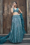 Buy_Richa Jaisinghani Label_Green Organza Hand Embroidered Sequins Work V Neck Lehenga Set _at_Aza_Fashions