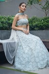 Shop_Richa Jaisinghani Label_Blue Net, Georgette Bead Work Square Neck Embroidered Lehenga Set _at_Aza_Fashions