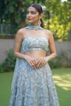 Richa Jaisinghani Label_Blue Net, Georgette Bead Work Square Neck Embroidered Lehenga Set _Online_at_Aza_Fashions