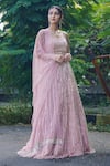 Shop_Richa Jaisinghani Label_Pink Net, Georgette Cutdana , Sequins Stripe Embroidered Lehenga Set _at_Aza_Fashions