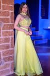 Buy_Richa Jaisinghani Label_Yellow Organza, Net, Georgette Embroidered One Shoulder Blouse Palazzo Set _at_Aza_Fashions