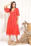 Buy_Kalakaari By Sagarika_Red Chiffon Block V Neck Peony Midi Dress _at_Aza_Fashions