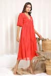 Kalakaari By Sagarika_Red Chiffon Block V Neck Peony Midi Dress _Online_at_Aza_Fashions