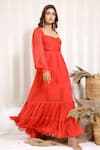 Kalakaari By Sagarika_Red Chiffon Block Sweetheart Neck Salvia Tiered Maxi Dress _Online_at_Aza_Fashions