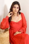 Kalakaari By Sagarika_Red Chiffon Block Sweetheart Neck Salvia Tiered Maxi Dress _at_Aza_Fashions