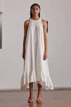 The Summer House_White Handspun And Handwoven Cotton Plain Round Neal Ruffle Hem Dress  _Online_at_Aza_Fashions