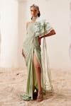 Buy_Adaara Couture_Green Organza Embroidered One Shoulder Hand Draped Saree Gown _at_Aza_Fashions