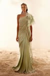 Adaara Couture_Green Organza Embroidered One Shoulder Hand Draped Saree Gown _Online_at_Aza_Fashions