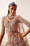 Adaara Couture_Pink Net, Bamberg Silk Floral Motifs V Lotus Lake Embroidered Bridal Lehenga Set _at_Aza_Fashions