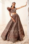 Buy_Adaara Couture_Brown Net Embroidered Geometric Motifs V Neck Morris Hand Lehenga Set _at_Aza_Fashions