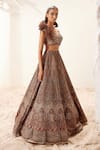 Adaara Couture_Brown Net Embroidered Geometric Motifs V Neck Morris Hand Lehenga Set _Online_at_Aza_Fashions