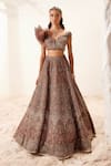 Buy_Adaara Couture_Brown Net Embroidered Geometric Motifs V Neck Morris Hand Lehenga Set _Online_at_Aza_Fashions