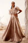 Buy_Adaara Couture_Grey Organza Embroidered V Neck Ruffle Blouse And Lehenga Set _at_Aza_Fashions