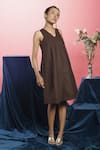 Shop_Couché By Anandini_Brown Crepe Lana Stretch Plain V Neck Sleeveless Midi Dress _at_Aza_Fashions