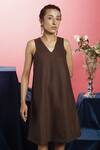 Couché By Anandini_Brown Crepe Lana Stretch Plain V Neck Sleeveless Midi Dress _Online_at_Aza_Fashions