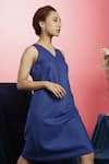 Shop_Couche_Blue Crepe Lana Stretch Plain V Neck Midi Dress  _at_Aza_Fashions