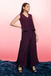 Shop_Couché By Anandini_Purple Punto Plain V Neck Flared Top And Pant Set _at_Aza_Fashions