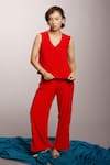Buy_Couché By Anandini_Red Punto Plain V Neck Top And Pant Set _at_Aza_Fashions