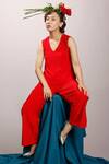 Shop_Couché By Anandini_Red Punto Plain V Neck Top And Pant Set _at_Aza_Fashions