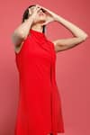Shop_Couché By Anandini_Red Punto Plain Cowl Neck Dress _at_Aza_Fashions