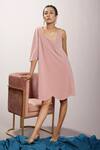 Buy_Couché By Anandini_Pink Punto Plain Asymmetric Sleeve Dress _at_Aza_Fashions