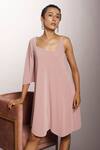 Shop_Couché By Anandini_Pink Punto Plain Asymmetric Sleeve Dress _at_Aza_Fashions