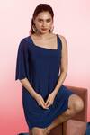 Buy_Couché By Anandini_Blue Punto Plain Asymmetric Sleeve Dress _Online_at_Aza_Fashions