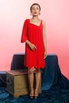 Shop_Couché By Anandini_Red Punto Plain Asymmetric Neck Dress _at_Aza_Fashions