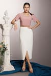 Buy_Couche_Pink Punto Plain Asymmetric Front Slit Skirt Set _at_Aza_Fashions