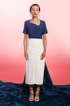 Shop_Couche_Blue Punto Plain Asymmetric Front Slit Skirt Set _at_Aza_Fashions