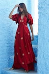 Buy_Jodi_Red Satin Silk Embroidered Floral Motifs V Neck Shazneen Gown  _at_Aza_Fashions