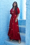 Jodi_Red Satin Silk Embroidered Floral Motifs V Neck Shazneen Gown  _Online_at_Aza_Fashions