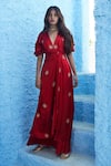 Shop_Jodi_Red Satin Silk Embroidered Floral Motifs V Neck Shazneen Gown  _Online_at_Aza_Fashions